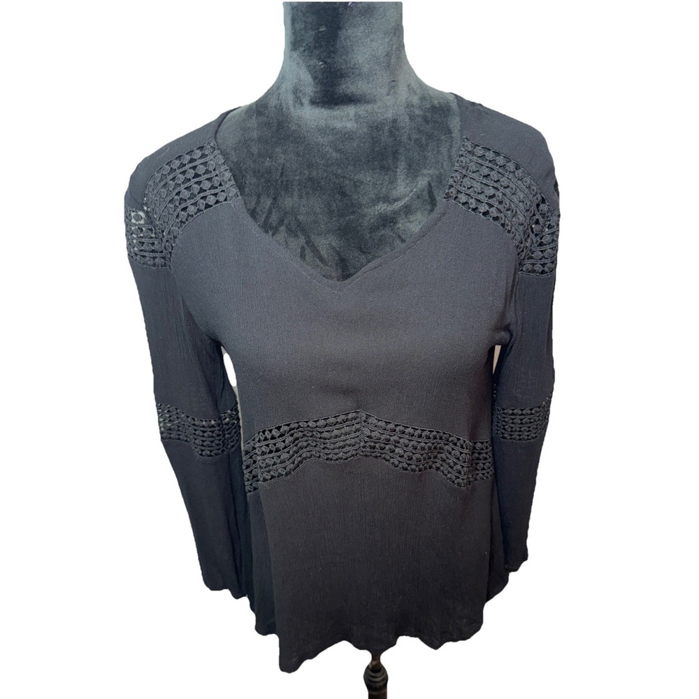 Eastbound Top Women S Black Crochet Lace Trim Bell Sleeve Boho V-Neck Blouse